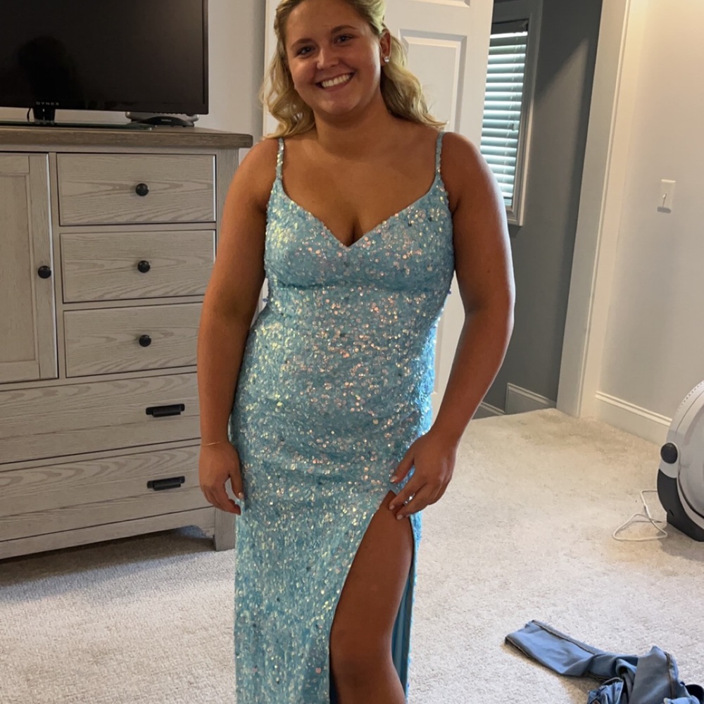 Beautiful light blue, sequin prom dress.  Size 8, normally wear a size 6.